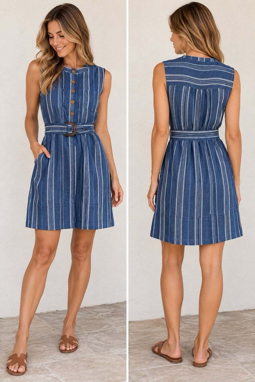 Faherty Avalon Linen Striped Belted Button Front Dress Size Small
